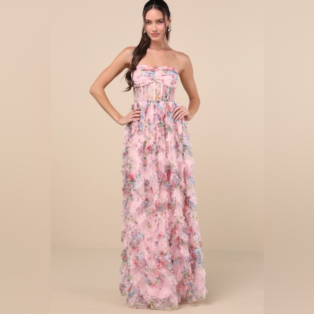 Strapless Pink Floral Textured Maxi Dress